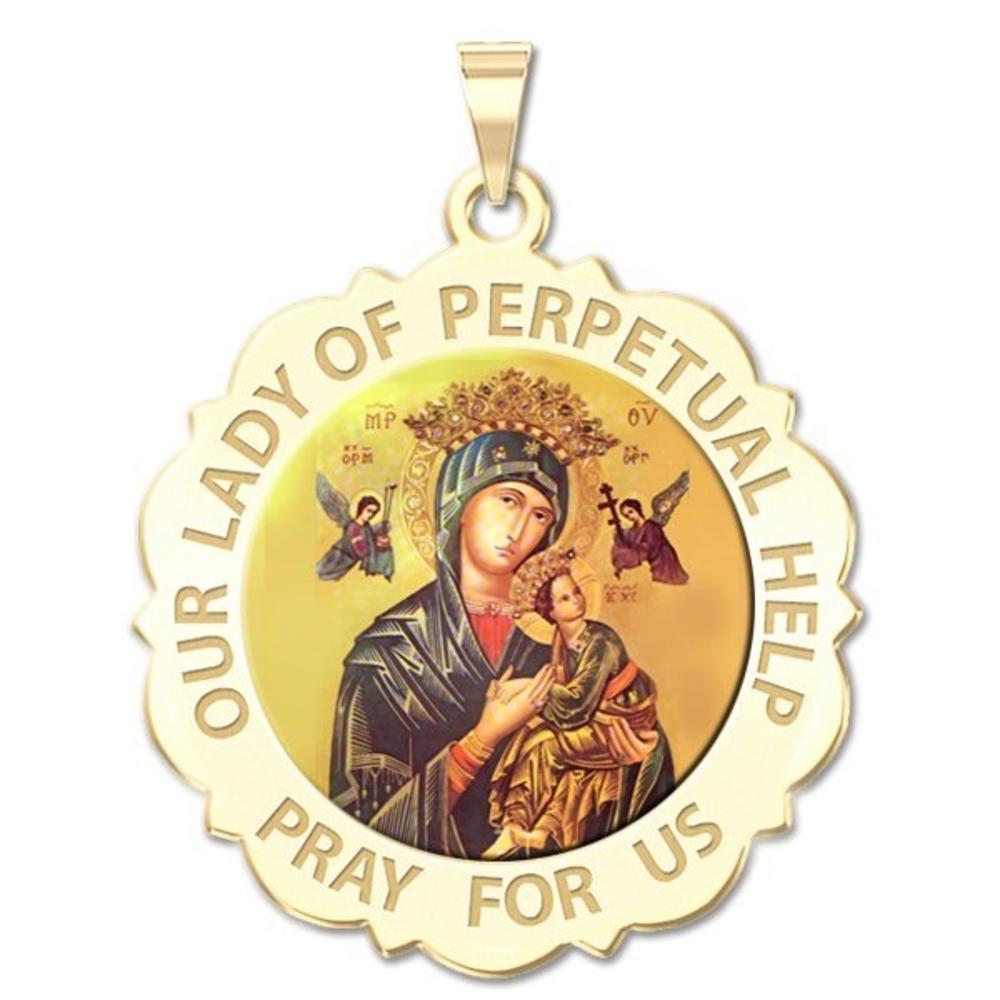 Our Lady Of Perpetual Help Scalloped Round Medal Color, Solid 10K White Gold, 1 in, size of quarter
