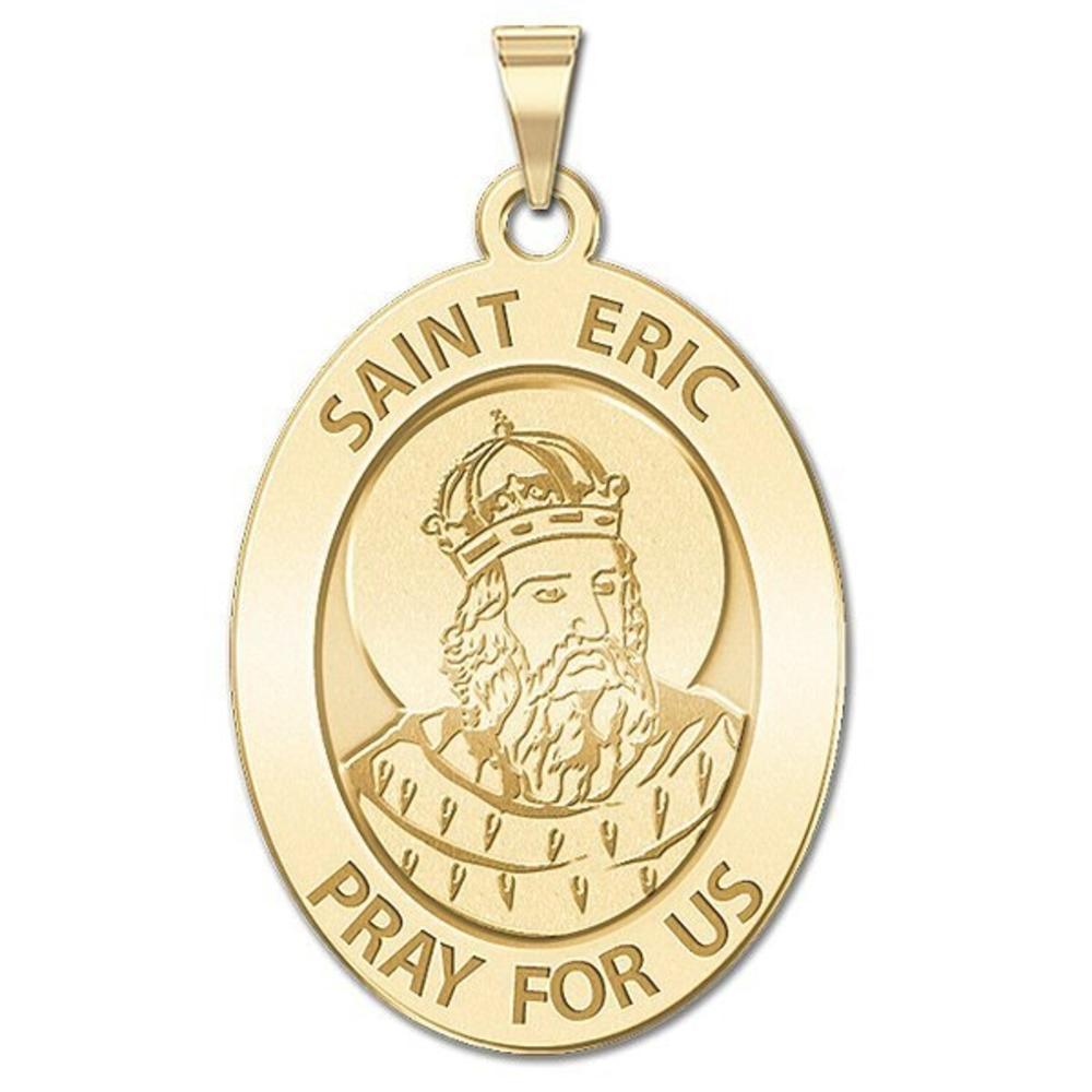 Saint Eric Oval Medal, Solid 10k White Gold, 2/3 x 3/4 in, height of nickel