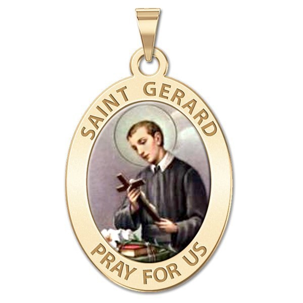 Saint Gerard Medal Color, Solid 14k Yellow Gold, 1/2 x 2/3 in, height of dime