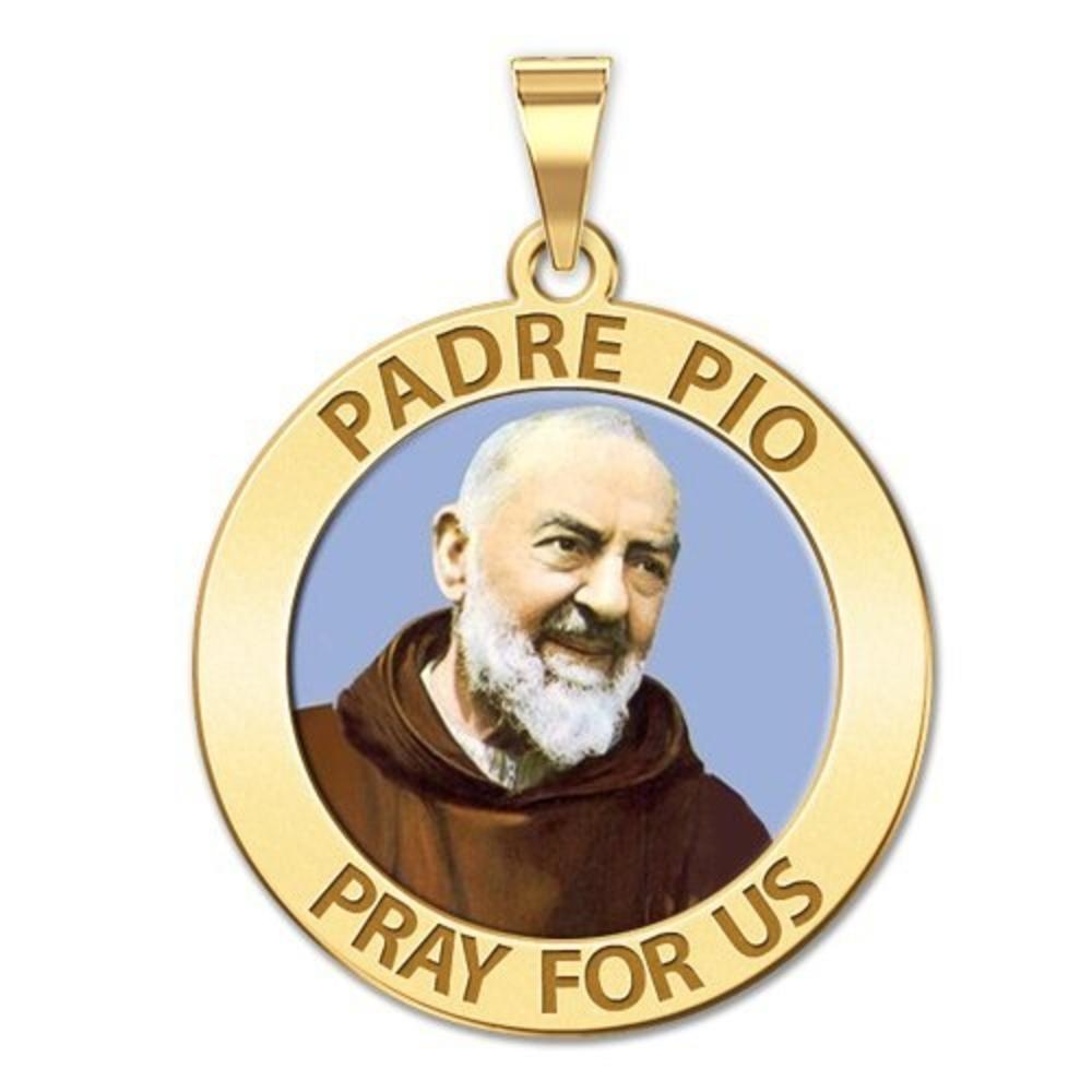 Padre Pio Medal Color, Solid 14k Yellow Gold, 2/3 in, size of dime
