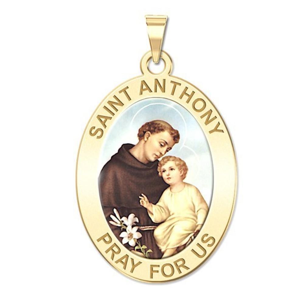 Saint Anthony Medal Color, Solid 14k Yellow Gold, 1/2 x 2/3 in, height of dime