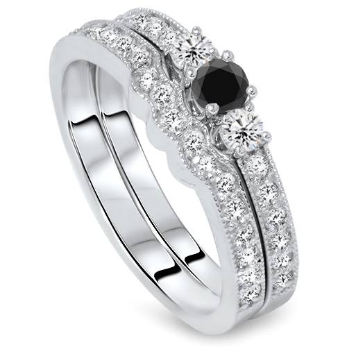 Pompeii3 Antique 3/4CT Black 3 Diamond Three Stone Vintage Matching Wedding Band Ring Set Pompeii3 Antique 3/4CT Black 3 Diamond Three Stone Vintage Matching Wedding Band Ring Set