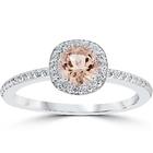 Pompeii3 7/8ct Round Morganite & Diamond Cushion Halo Engagement Ring 14K White Gold