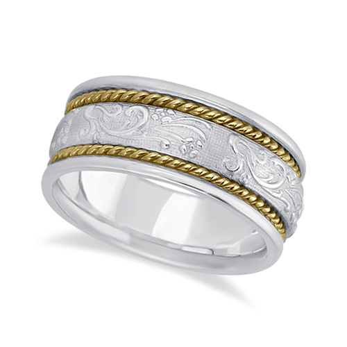 Allurez Men's Fancy Satin Finish Carved Wedding Ring 14k Two-Tone Gold ...