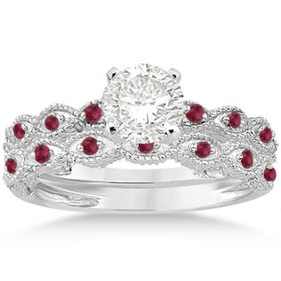 Allurez Antique Pave Ruby Engagement Ring and Wedding Band Palladium (0.36ct) Allurez Antique Pave Ruby Engagement Ring and Wedding Band Palladium (0.36ct)