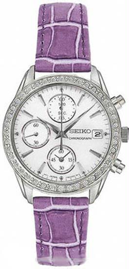 Seiko SNDY17 Womens Stainless Steel Chronograph Mother of Pearl Dial Swarovski Crystals Purple Leather Strap at Sears.com