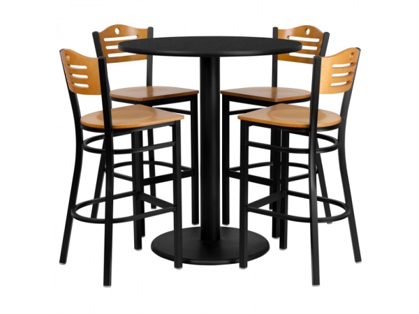 Flash Furniture MD-0020-GG 36 in. Round Black Laminate Table Set with 4 Wood Slat Back Metal Bar Stools - Natural Wood Seat at Sears.com