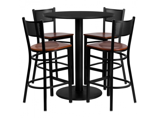 Flash Furniture MD-0018-GG 36 in. Round Black Laminate Table Set with 4 Grid Back Metal Bar Stools - Cherry Wood Seat at Sears.com