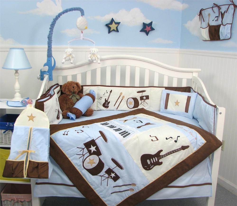 Soho Designs Blue & Brown Rock Band Baby Crib Nursery Bedding Set 14 pcs included Diaper Bag with Changing Pad, Accessory Case & Bottle Case at Sears.com