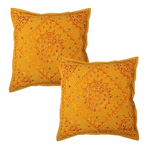 Jewelz on Net 2 Yellow Pillow Cover Home Decor Embroidery & Mirror Work Toss Cushion Cover Throw Vintage 16 X 16 Inches at Sears.com