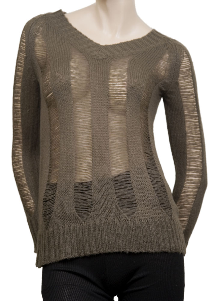 V Neck Slashed L/S Womens Sweaters Coffee Brown Size L