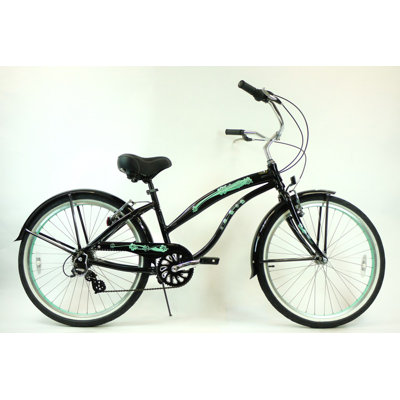 GreenLine Bicycles Ladies 26" Aluminum 7-Speed Shimano Premium Extended Deluxe Beach Cruiser - Frame Color: Black with Mint Green Wheels at Sears.com