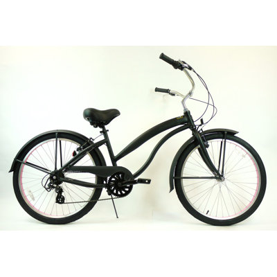 GreenLine Bicycles Ladies 26" Aluminum 7-Speed Shimano Premium Extended Deluxe Beach Cruiser - Frame Color: Flat Black with Pink at Sears.com