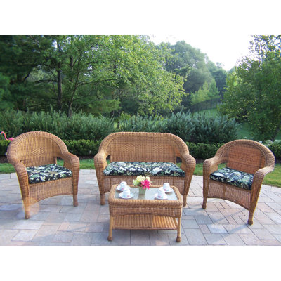 Oakland Living Resin Wicker 4 Piece Lounge Seating Group - Finish: Natural, Fabric: Ebony Floral at Sears.com