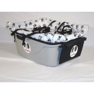 FidoRido gray two-seater with light-weight fleece in red with black paw prints and a small harness a dog kennel