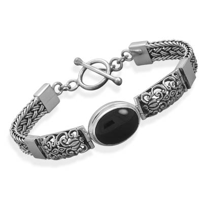 Jewelryweb Sterling Silver 7.5 Inch Oval Black Onyx Filigree Design Toggle Bracelet at Sears.com