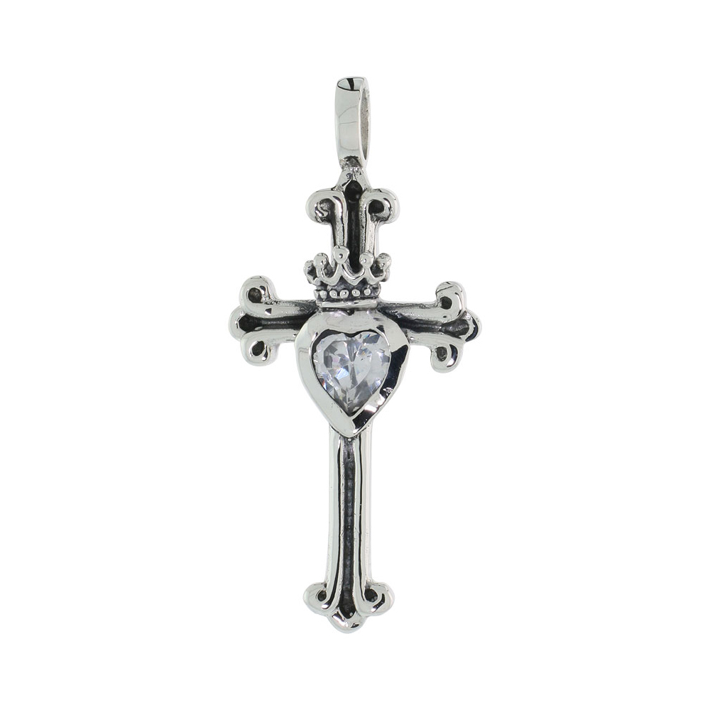 Sabrina Silver Sterling Silver Heart & Crown on Cross Fleury Pendant w/ Clear CZ, w/ 18" Thin Box Chain at Sears.com