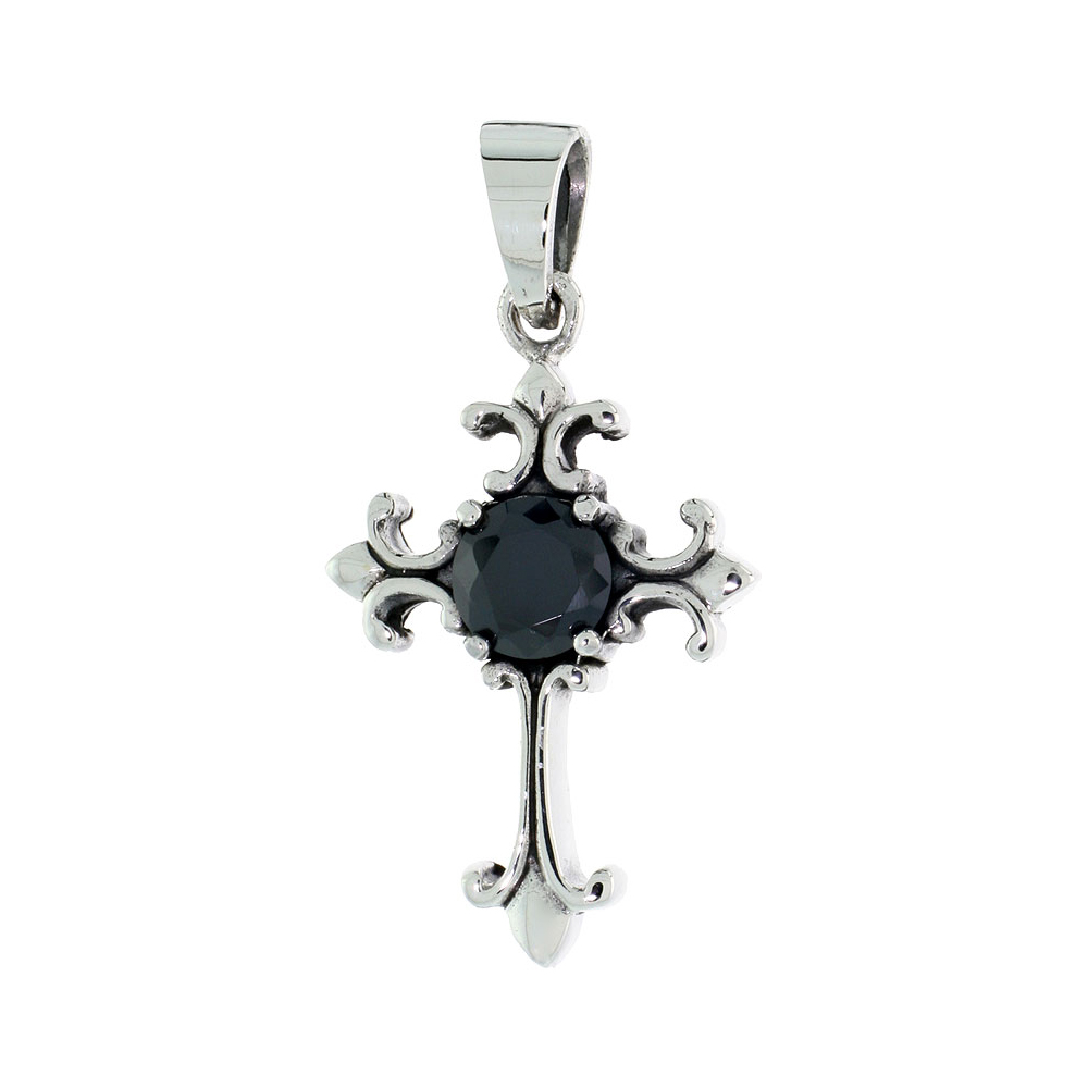 Sabrina Silver Sterling Silver Cross Fleury Pendant w/ Large Black CZ, w/ 18" Thin Box Chain at Sears.com