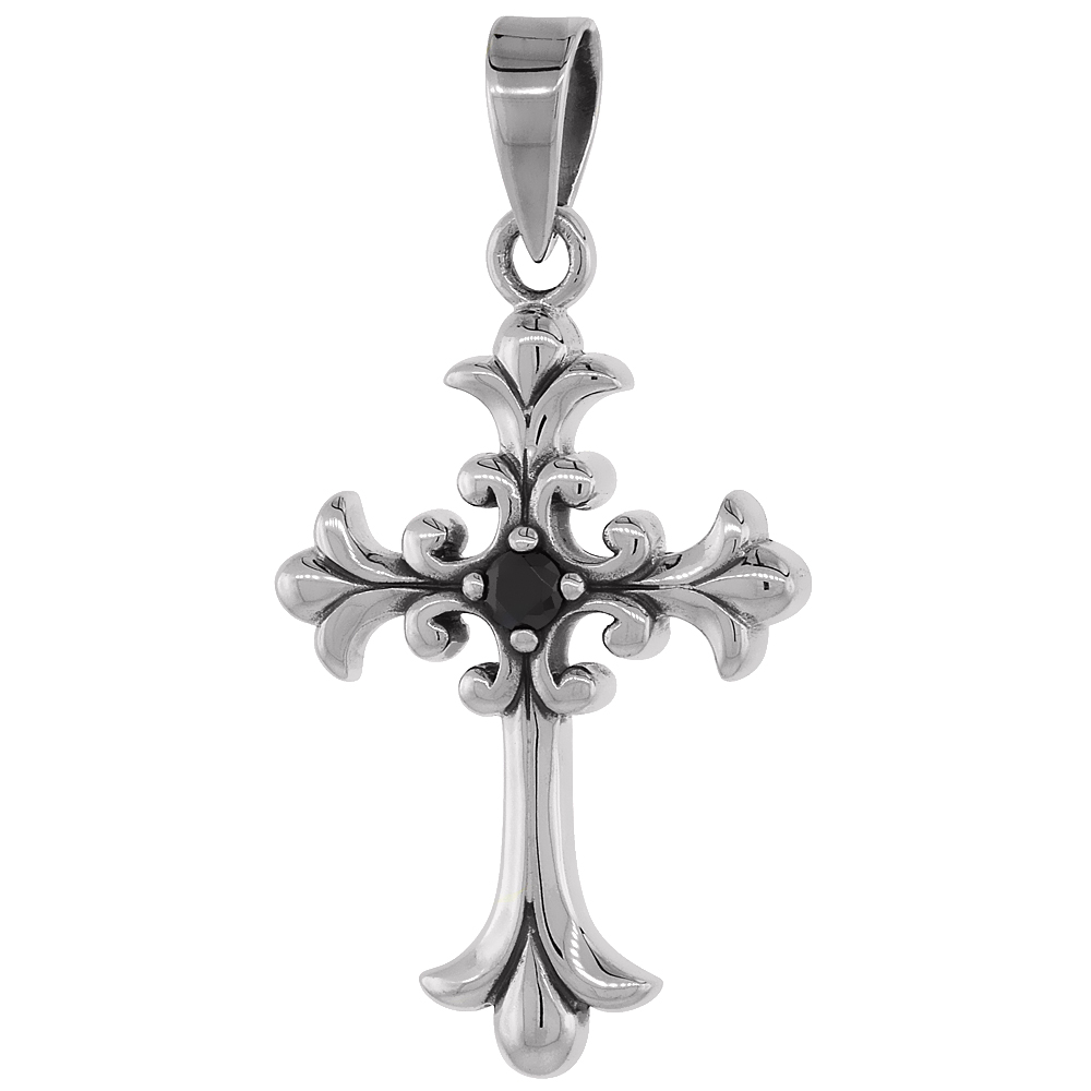 Sabrina Silver Sterling Silver Cross Fleury Pendant w/ Single Black CZ, w/ 18" Thin Box Chain at Sears.com