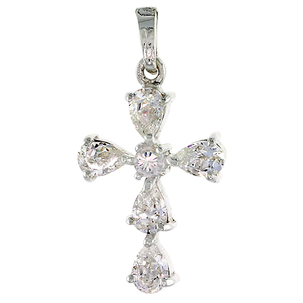 Sabrina Silver High Polished Sterling Silver 1 1/16" (26 mm) tall Cross Pendant, w/ 3mm Brilliant Cut & five 6x4mm Pear Cut CZ Stones, w/ 18" T at Sears.com