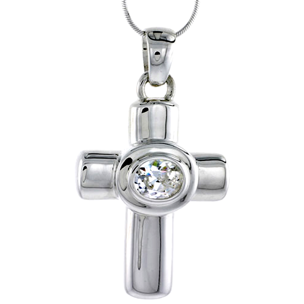 Sabrina Silver High Polished Sterling Silver 1 3/4" (45 mm) tall Latin Cross Pendant, w/ 10x8mm Oval Cut CZ Stone, w/ 18" Thin Box Chain at Sears.com