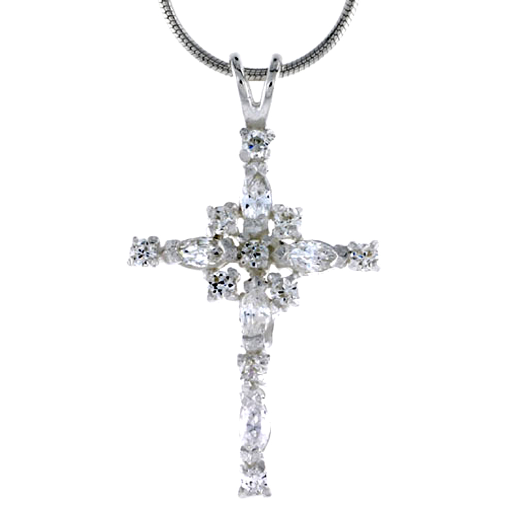 Sabrina Silver High Polished Sterling Silver 1 1/4" (32mm) tall Cross Pendant, w/ Marquise Cut & Brilliant Cut CZ Stones, w/ 18" Thin Box Chain at Sears.com