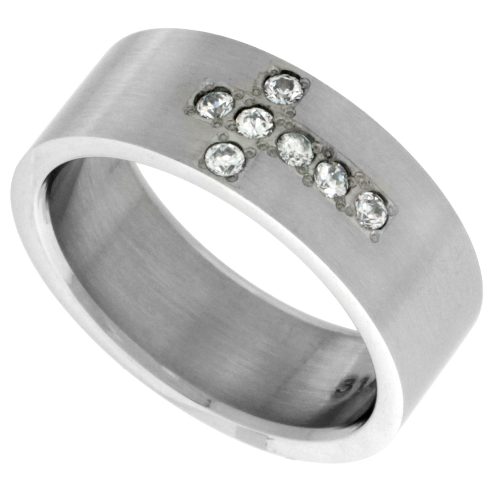Sabrina Silver Surgical Steel Flat 8mm Wedding Band Ring 6 Pave` set Cross Pattern CZ Stones Matte Finish, size 12 at Sears.com