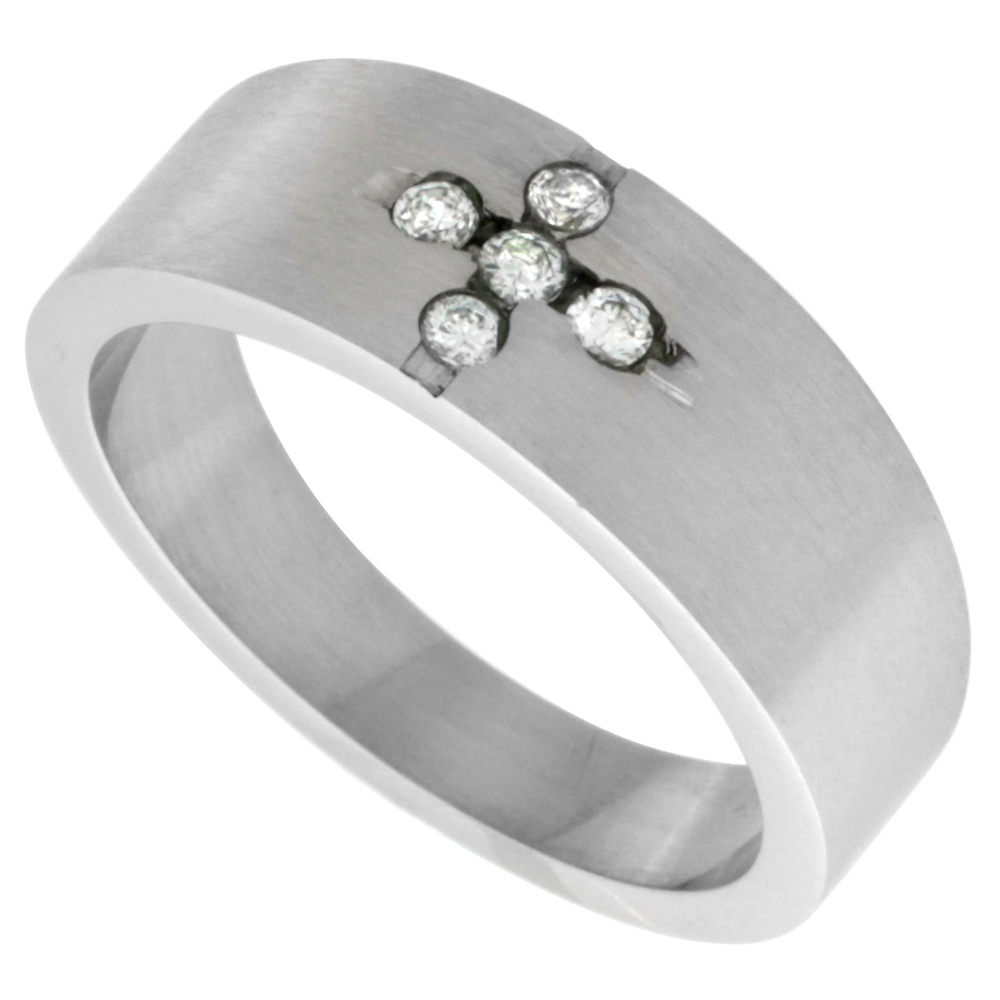 Sabrina Silver Surgical Steel Flat 8mm Wedding Band Ring 5 Pave` set Cross Pattern CZ Stones Matte Finish, size 12 at Sears.com