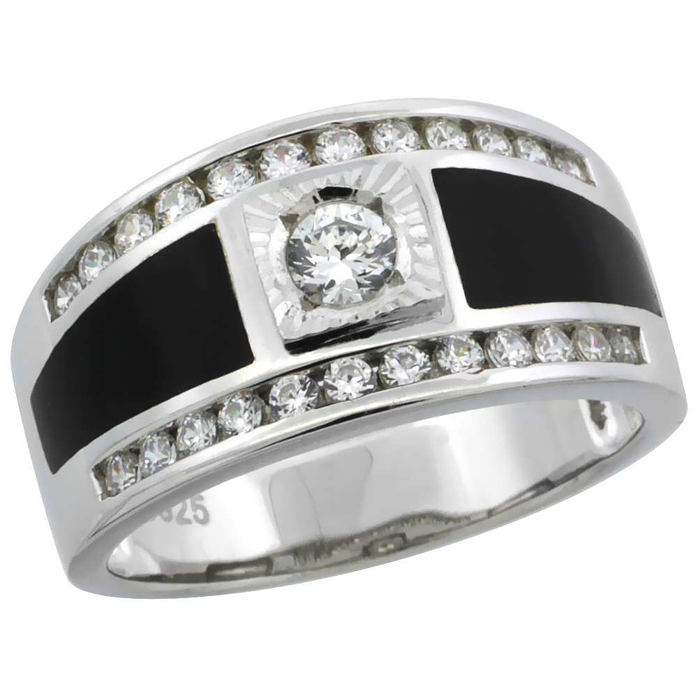 Sabrina Silver Sterling Silver Men"s Black Onyx Solitaire Ring w/ CZ Stones, 7/16 in. (11.5 mm) wide, size 10 at Sears.com