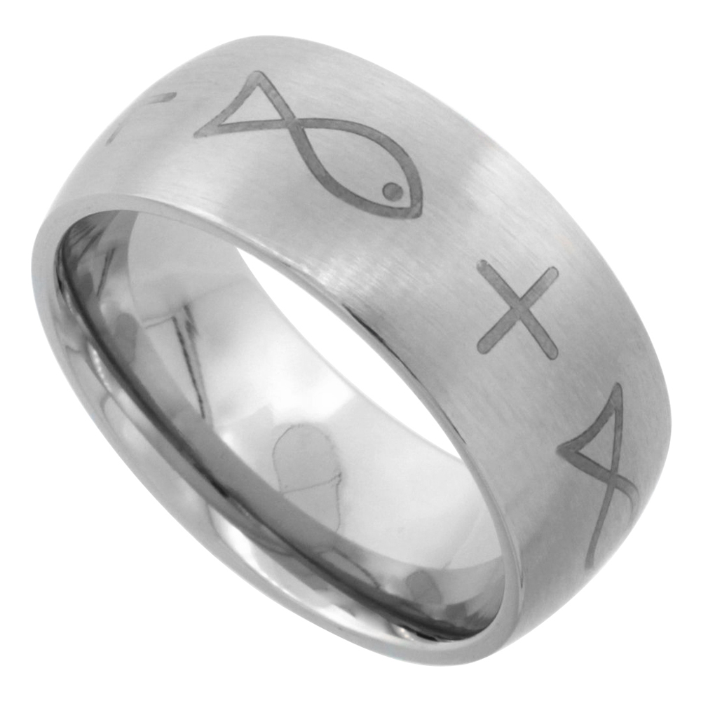 Sabrina Silver Surgical Steel Domed 9mm Wedding Band Ring Laser Etched Cross & Christian Fish (Ichthys) Comfort-Fit, size 12 at Sears.com