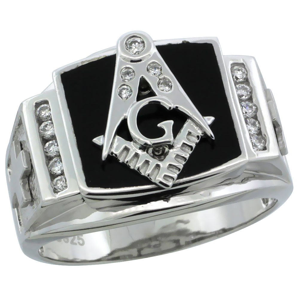 Sabrina Silver Sterling Silver Men"s Black Onyx Masonic Ring w/ CZ Stones & Frosted Crosses on Sides, 19/32 in. (15 mm) wide, size 10 at Sears.com
