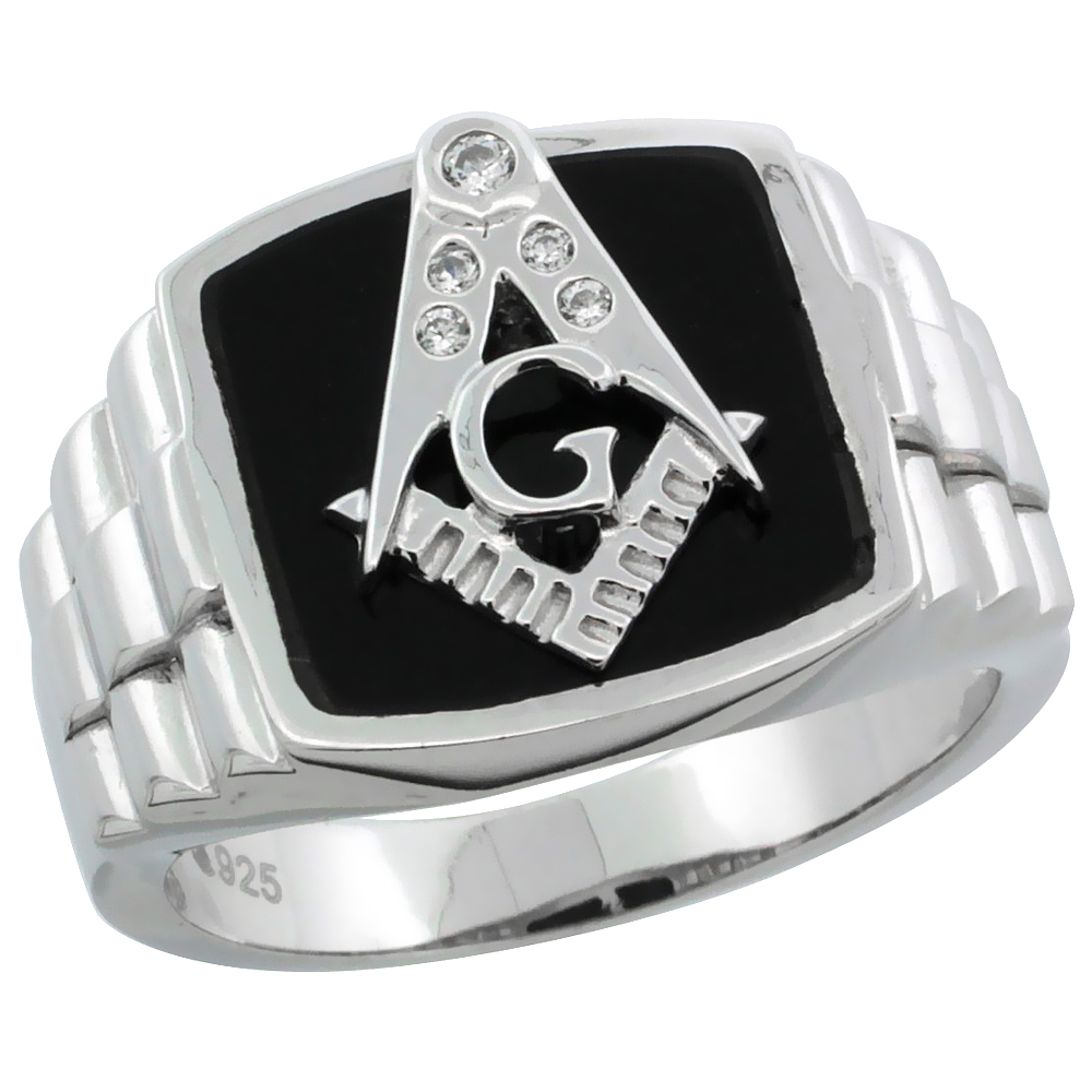 Sabrina Silver Sterling Silver Men"s Black Onyx Masonic Ring w/ CZ Stones & Rolex Style Sides, 19/32 in. (15 mm) wide, size 10 at Sears.com