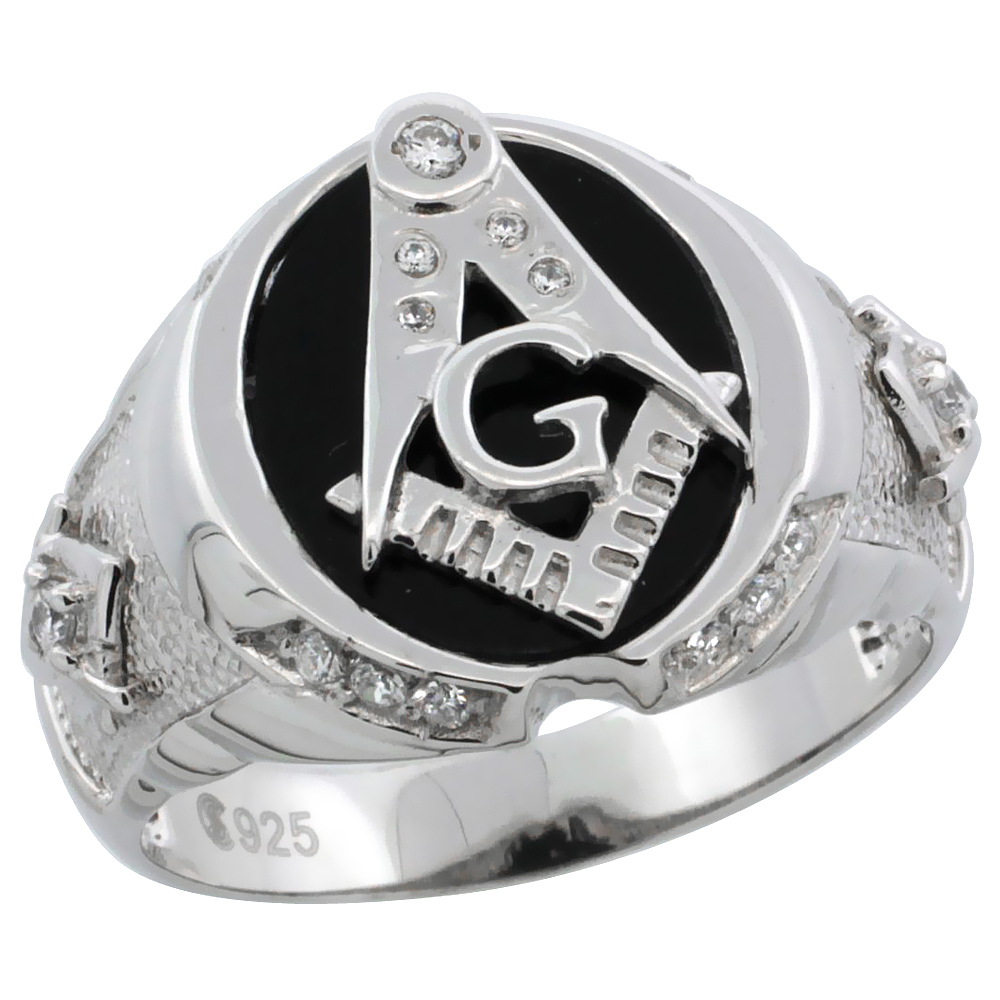 Sabrina Silver Sterling Silver Men"s Black Onyx Masonic Ring w/ CZ Stones & Textured Sides, 5/8 in. (16 mm) wide, size 10 at Sears.com