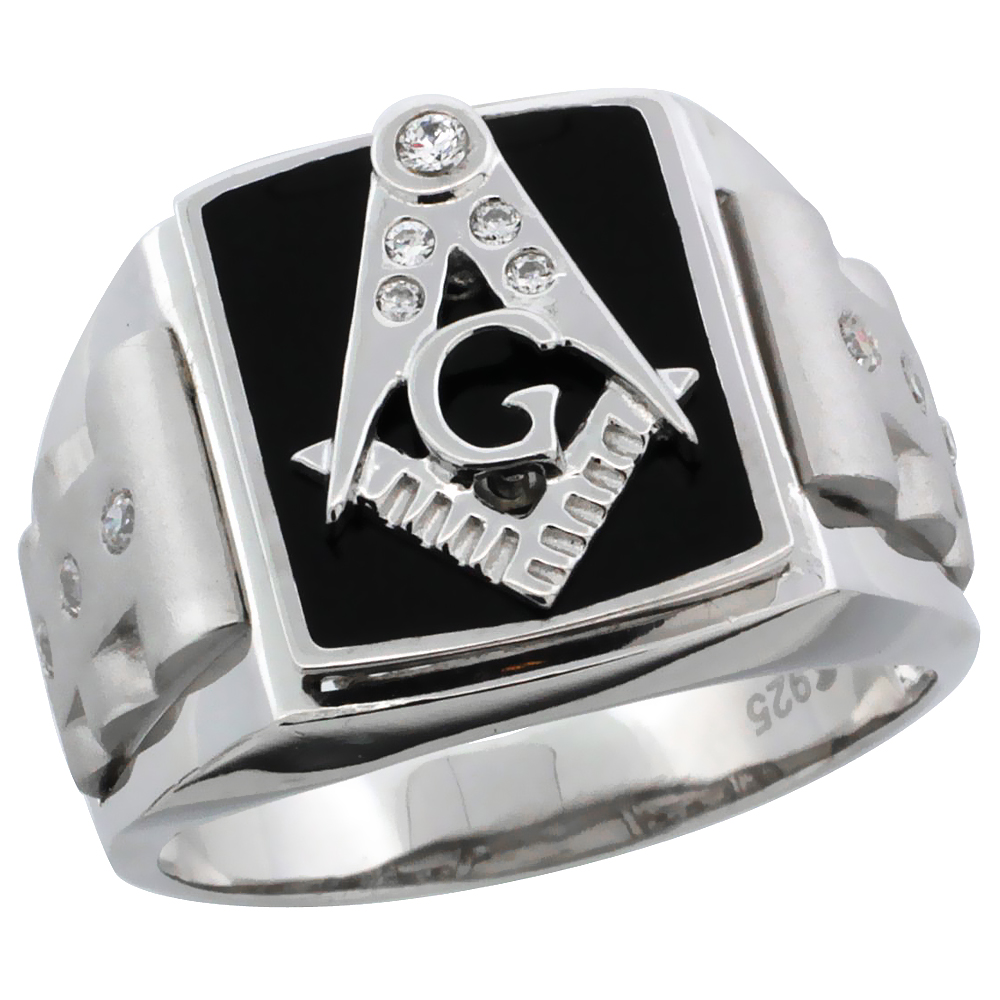 Sabrina Silver Sterling Silver Men"s Black Onyx Masonic Ring w/ CZ Stones & Frosted Sides, 5/8 in. (16 mm) wide, size 10 at Sears.com