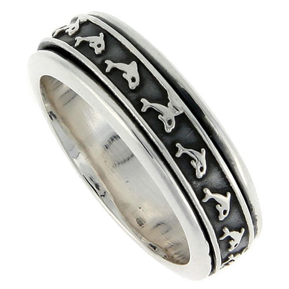 Sabrina Silver Sterling Silver Men"s Spinner Ring Embossed Dolphin Pattern Center Handmade 5/16 wide, size 10 at Sears.com