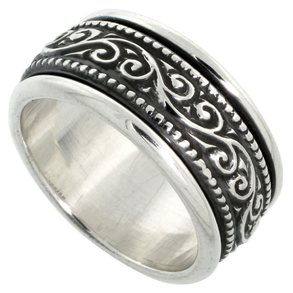 Sabrina Silver Sterling Silver Men"s Spinner Ring Floral Vine Pattern Center Handmade 3/8 inch wide, Size 10 at Sears.com