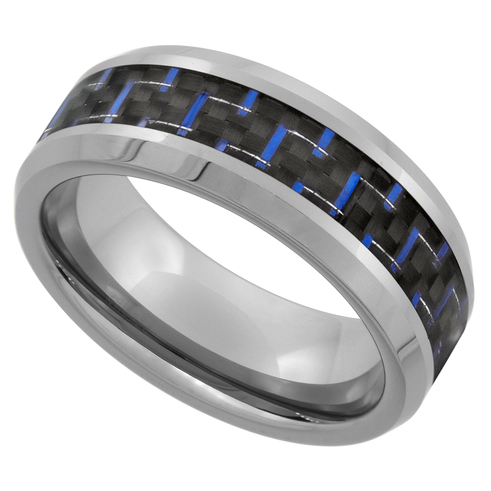 Sabrina Silver Tungsten Carbide 8 mm Flat Wedding Band Ring Blue Carbon Fiber Inlay Beveled Edges, size 13.5 at Sears.com