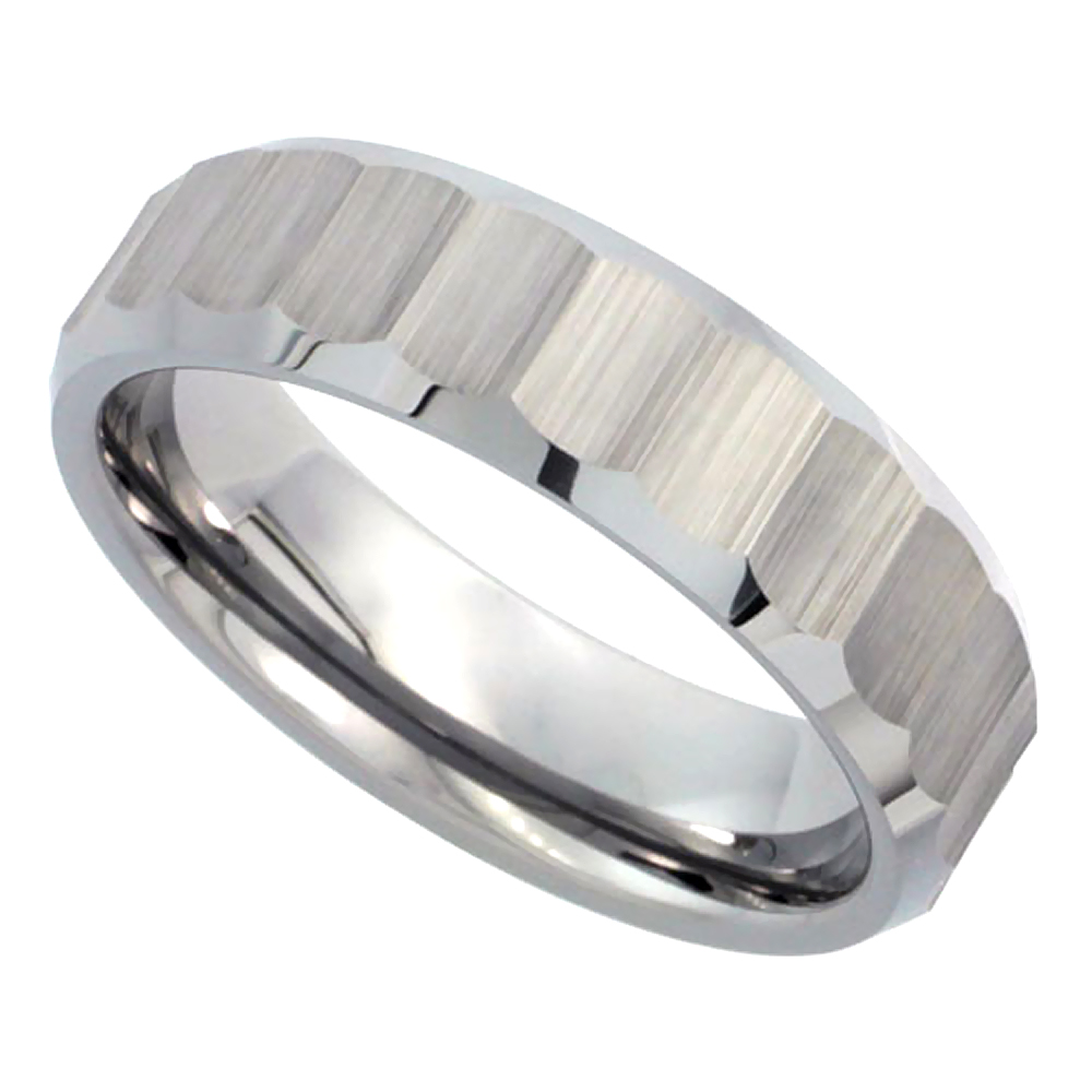 Sabrina Silver Tungsten Carbide 6 mm Ribbed Wedding Band Ring Matte Diamond Cut Finish Bamboo Pattern Beveled Edges, size 6.5 at Sears.com