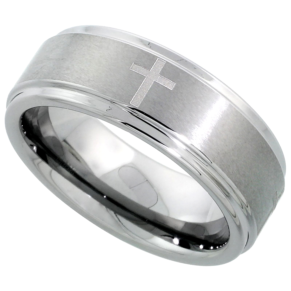 Sabrina Silver Tungsten Carbide 8 mm Flat Wedding Band Ring Satined Center Etched Crosses Recessed Edges, sizes 7 to 14 at Sears.com