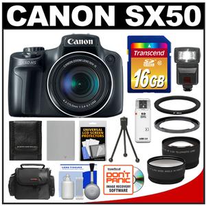 Canon PowerShot SX50 HS Digital Camera (Black) + 16GB Card + Flash + Case + Battery + Tripod + 2 Tele/Wide Lens Set + Accessory Kit at Sears.com