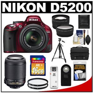 Nikon D5200 Camera + 18-55 G VR DX AF-S Lens (Red) + 55-200 VR Lens + 16GB + Case + Filters + Tele/Wide Lens + Tripod + Remote Kit at Sears.com