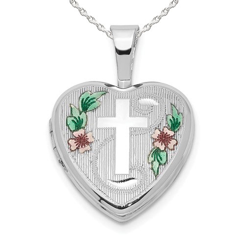 PicturesOnGold.com Sterling Silver Cross With Enamel Flowers Heart Locket, Sterling Silver, 1/2 x 1/2 in at Sears.com