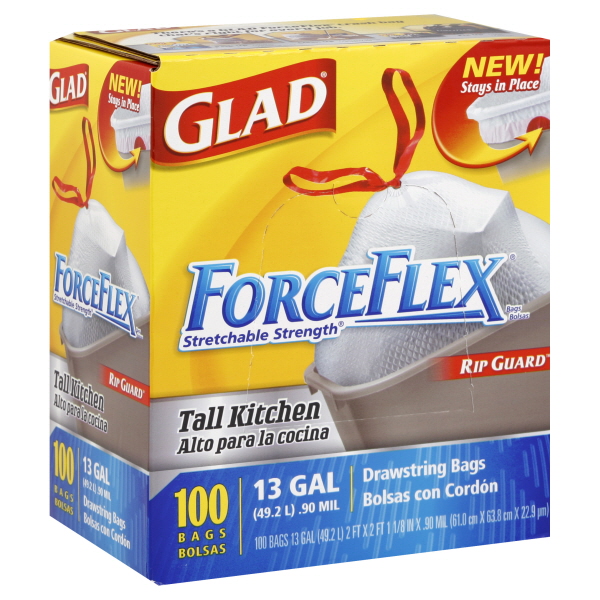 Glad CLO70427 ForceFlex Tall Kitchen Drawstring Bags, 13 gal, .90mil ...