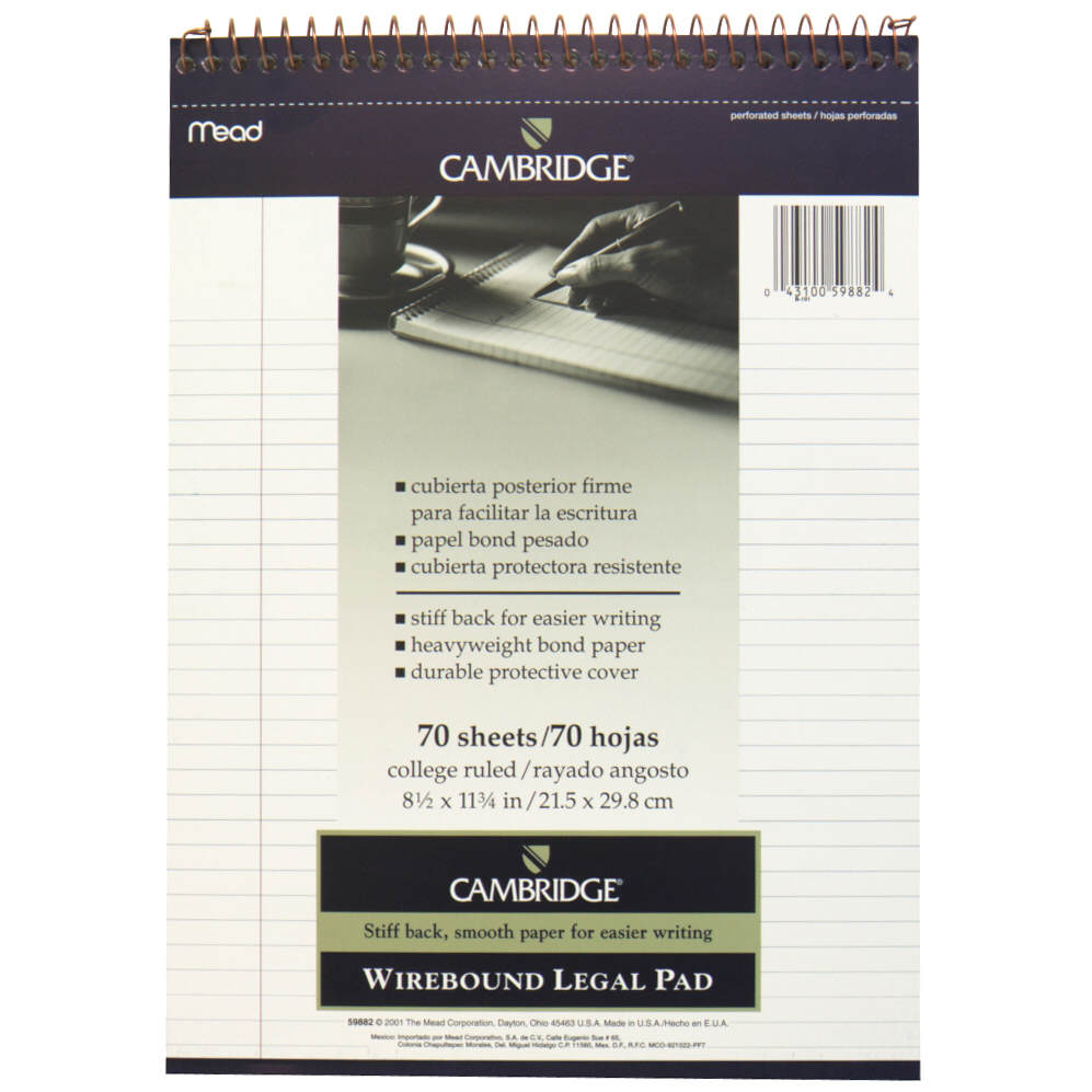 Cambridge MEA59882 Stiff Back Wire Bound Notebook, College Rule, 8 1/2 x 11, White Paper, 70 Sheets