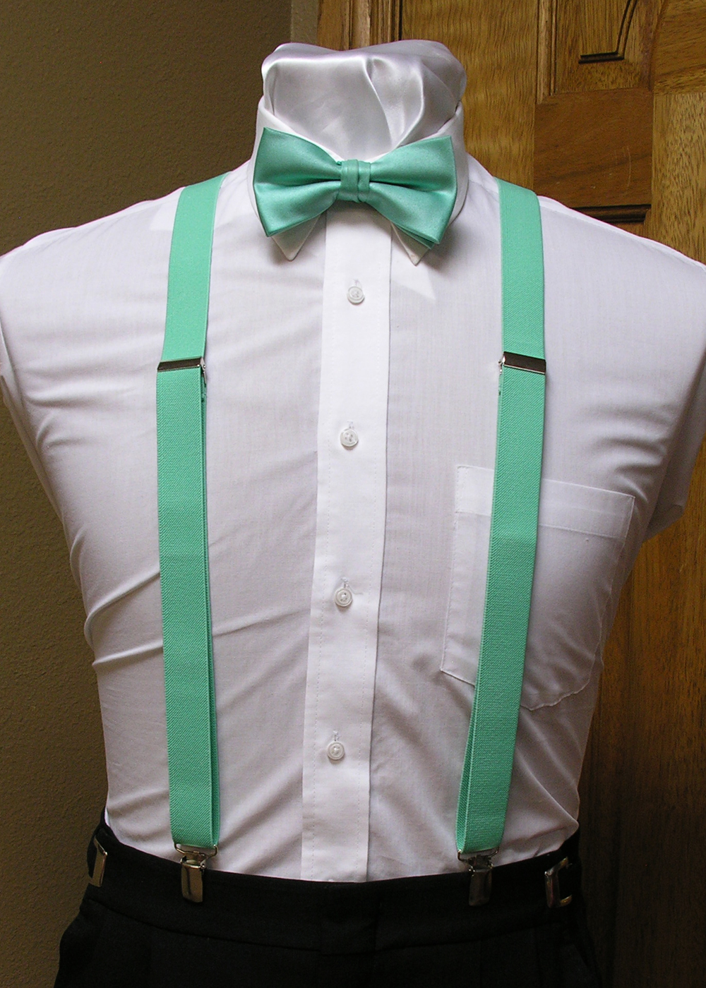 Spencer J's Mint / Seafoam Matching Bow Tie and Suspender set 1" Men's X Back Clip Spencer J's