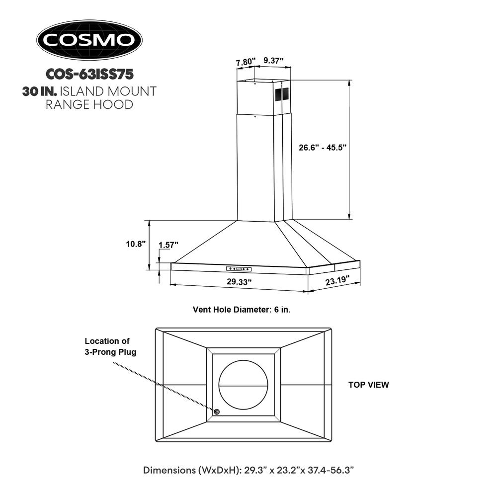 Cosmo 30-in Ductless Stainless Steel Island Range Hood with Charcoal Filter