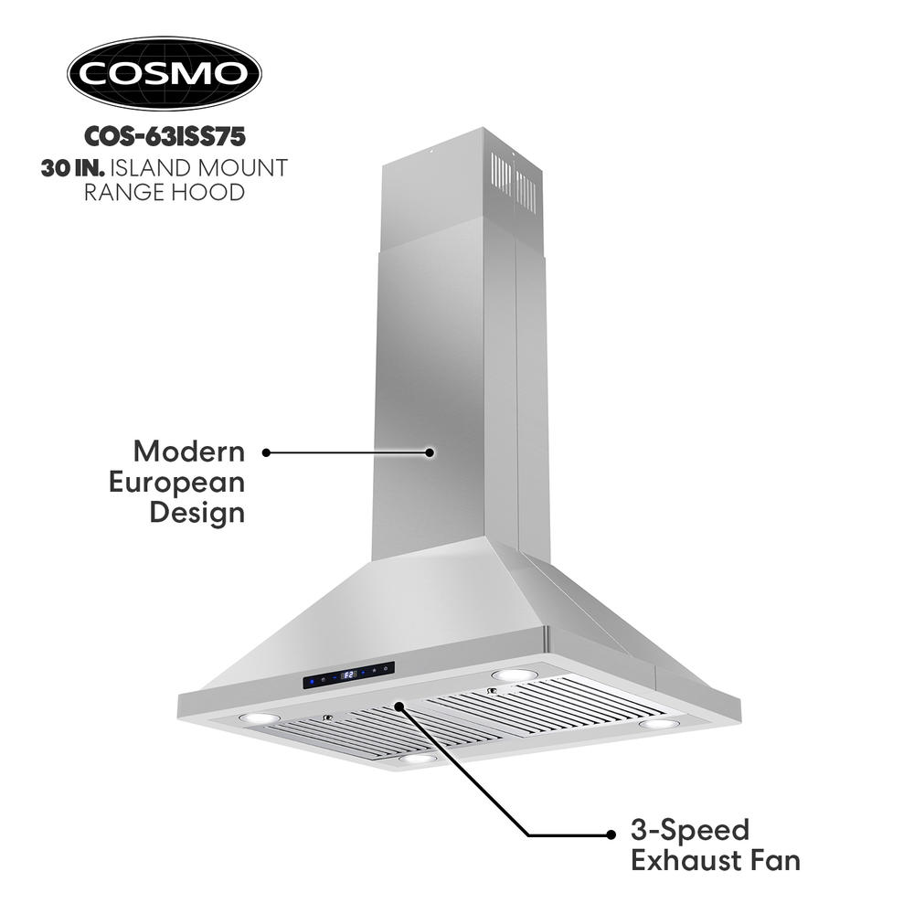 Cosmo 30-in Ductless Stainless Steel Island Range Hood with Charcoal Filter