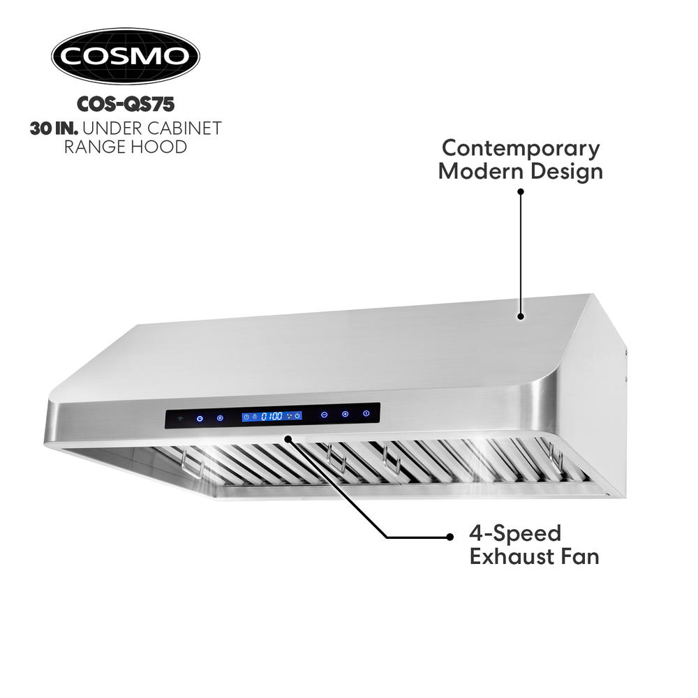Cosmo Appliances Cosmo 30 in. 500 CFM Ducted Under Cabinet Range Hood with LCD Display, Permanent Filters and LED Lighting