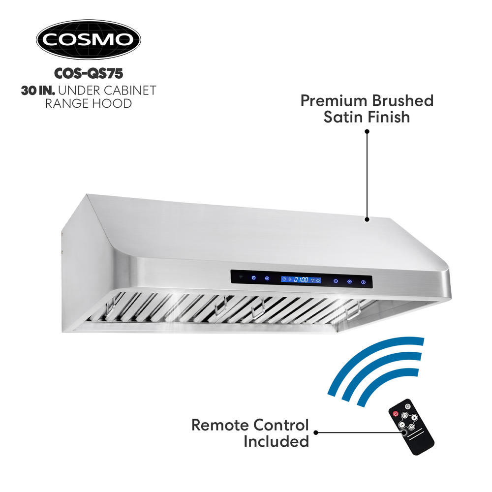 Cosmo Appliances Cosmo 30 in. 500 CFM Ducted Under Cabinet Range Hood with LCD Display, Permanent Filters and LED Lighting