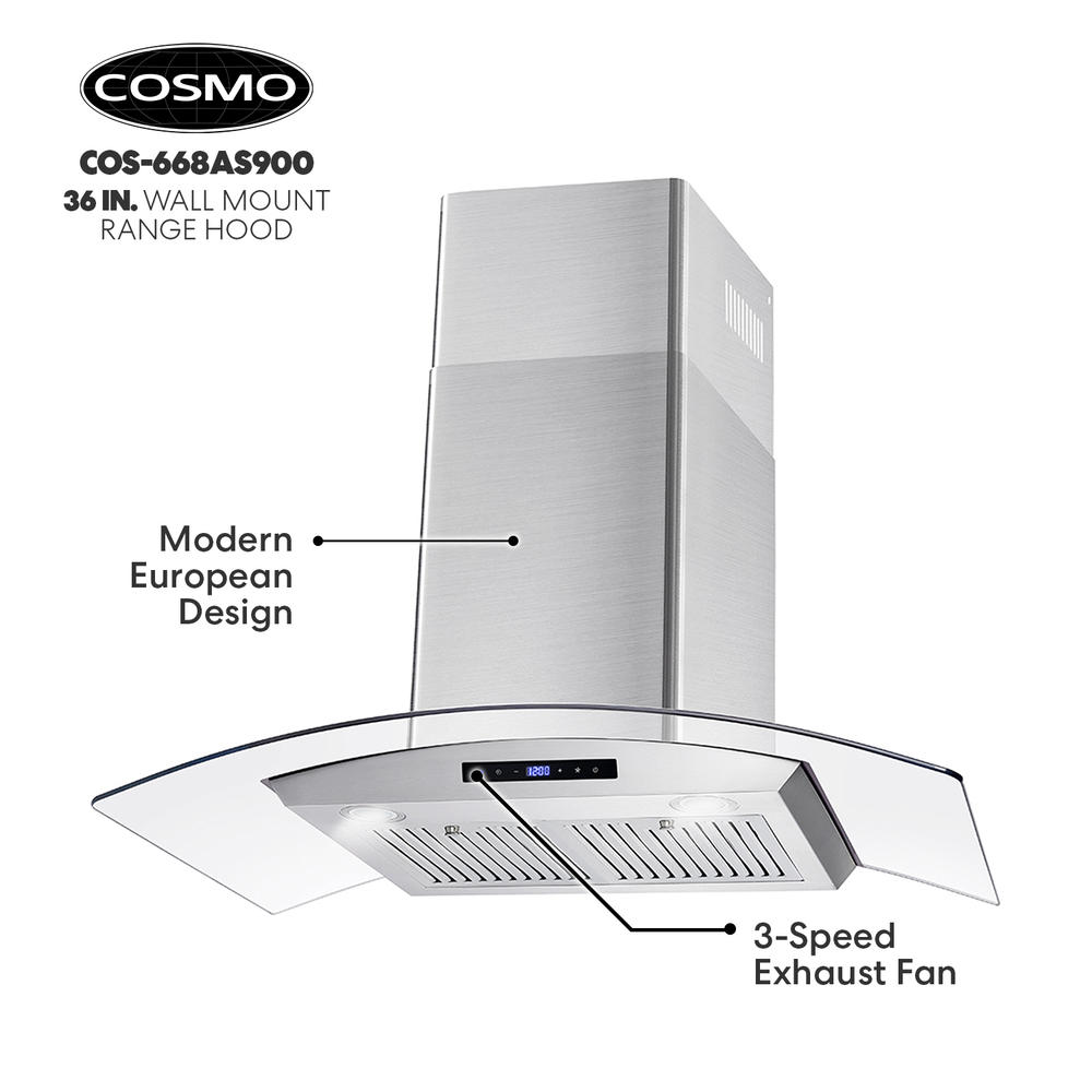 Cosmo 36 in. 380 CFM Ductless Wall Mount Range Hood with Tempered Glass Visor, LCD Display, Permanent Filters and LED Lighting